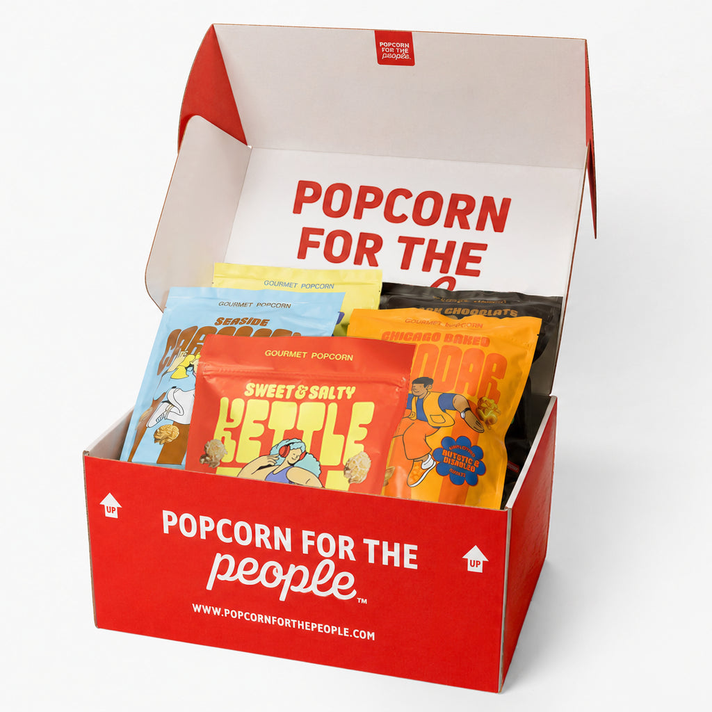 Popcorn for the People Classic 5-Flavor Variety popcorn gift box including Kettle Corn, Caramel Popcorn, Butter Popcorn, Cheddar Popcorn and Dark Chocolate Espresso Popcorn 