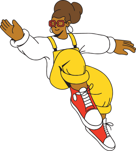 Illustration of girl with yellow overalls and red sneakers