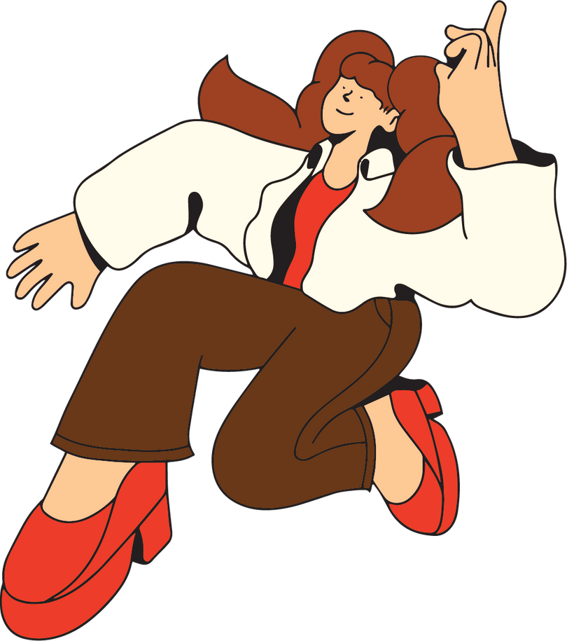 Cartoon illustration of a woman pointing, wearing a white jacket and red shoes