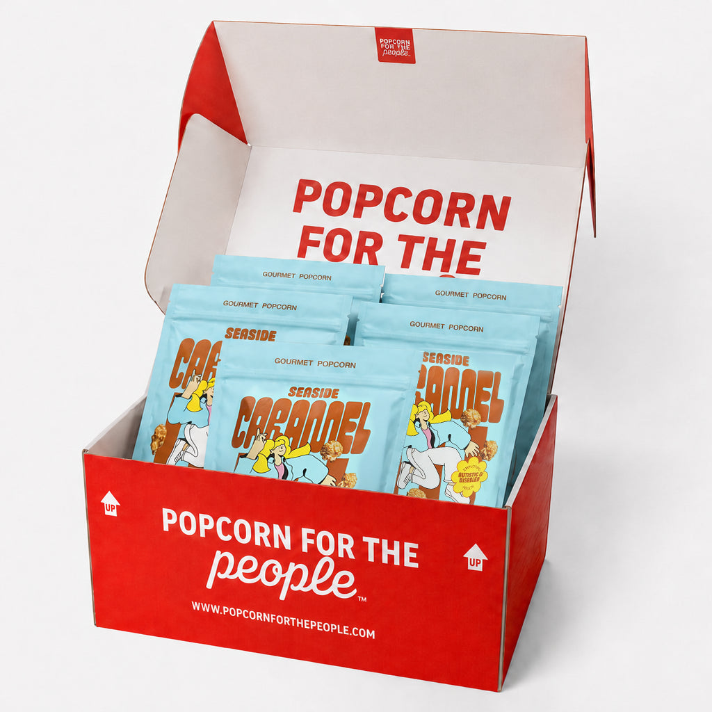 Popcorn for the People red gift box with 5 Seaside Caramel bags