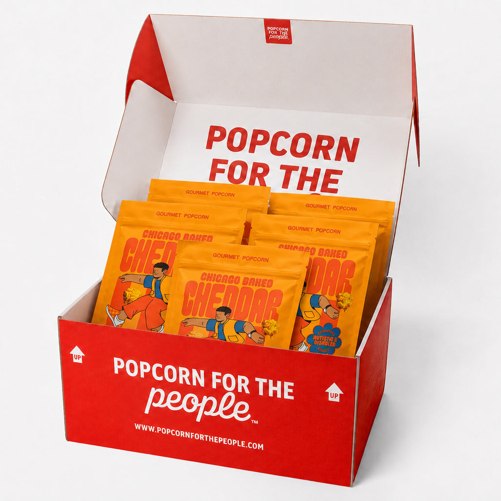 Popcorn for the People red gift box with 5 Chicago Baked Cheddar popcorn bags