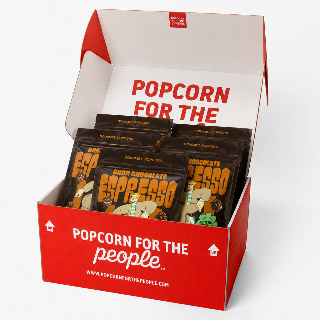 Popcorn for the People red gift box with 5 Dark Chocolate Espresso popcorn bags