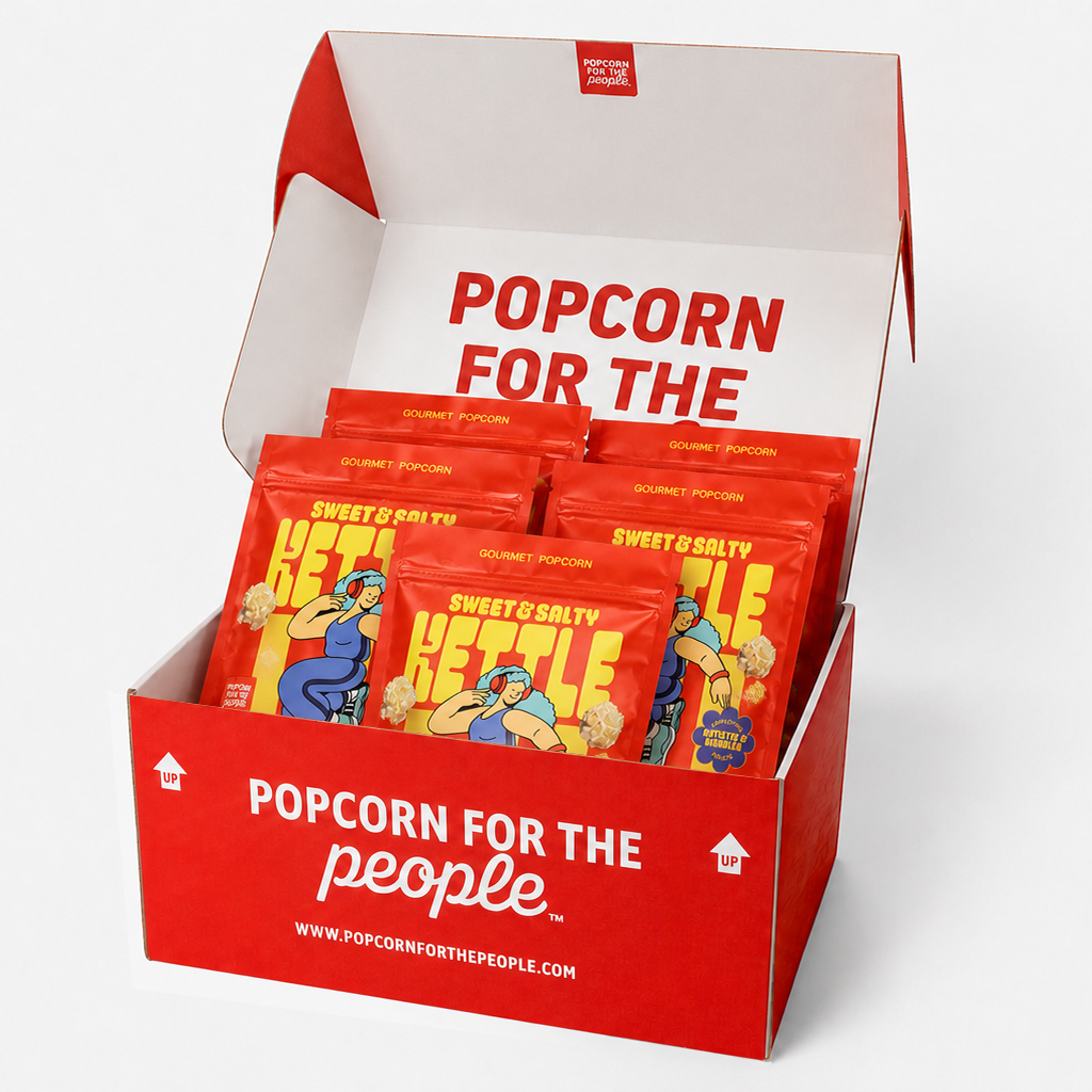Popcorn for the People red gift box with 5 Sweet & Salty Kettle popcorn bags